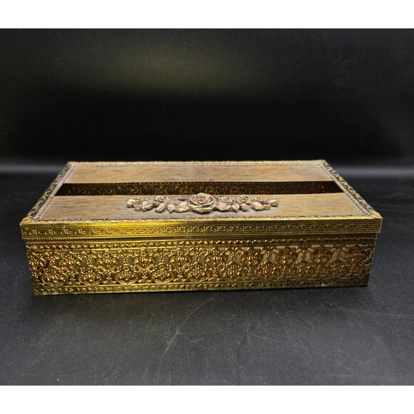 Decorative Brass Tissue Box With Rose Motif Vanity Beautiful Design 5x10.25 in - Picture 2 of 10
